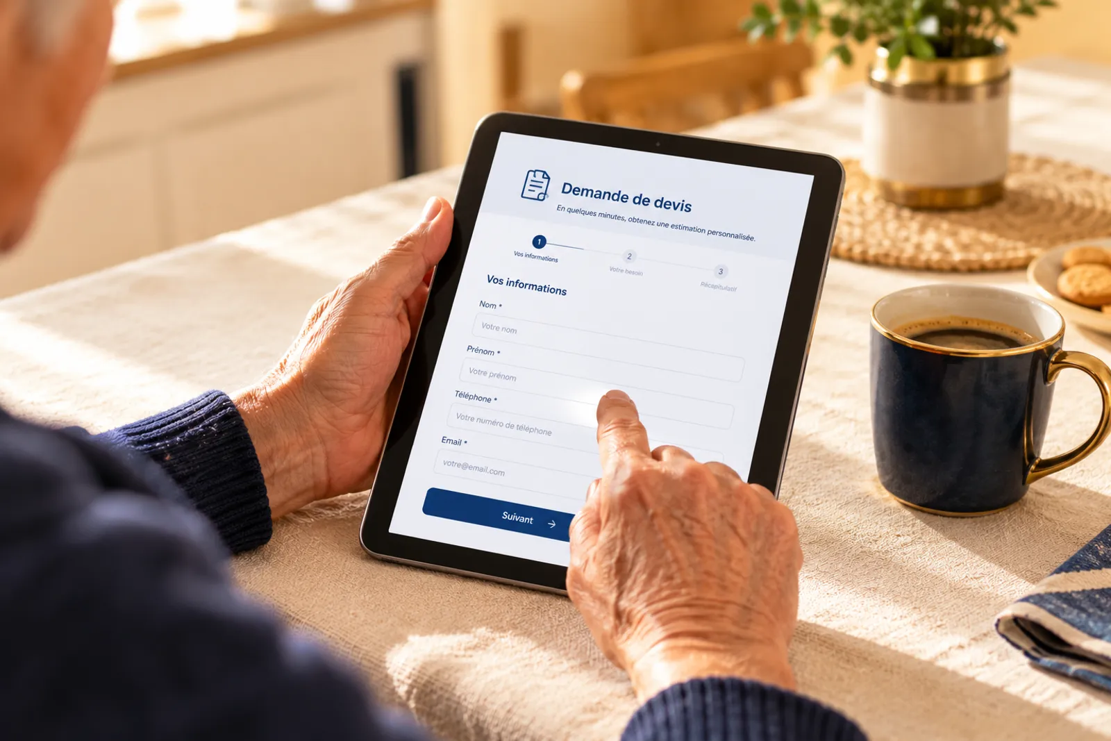Une personne senior remplit une demande de devis de mutuelle sur une tablette